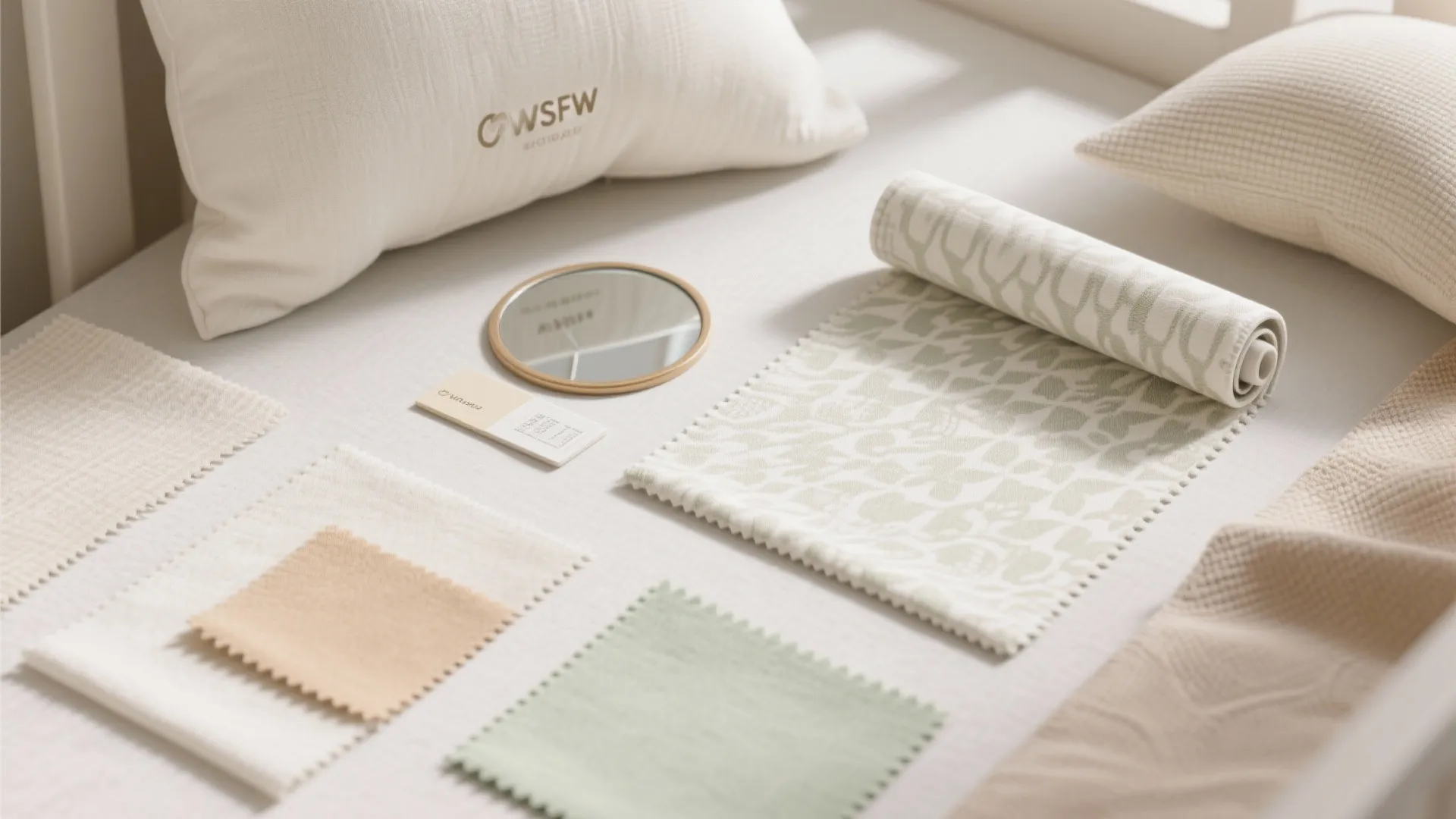Fabric material samples and pillows with a small round mirror placed on a white surface