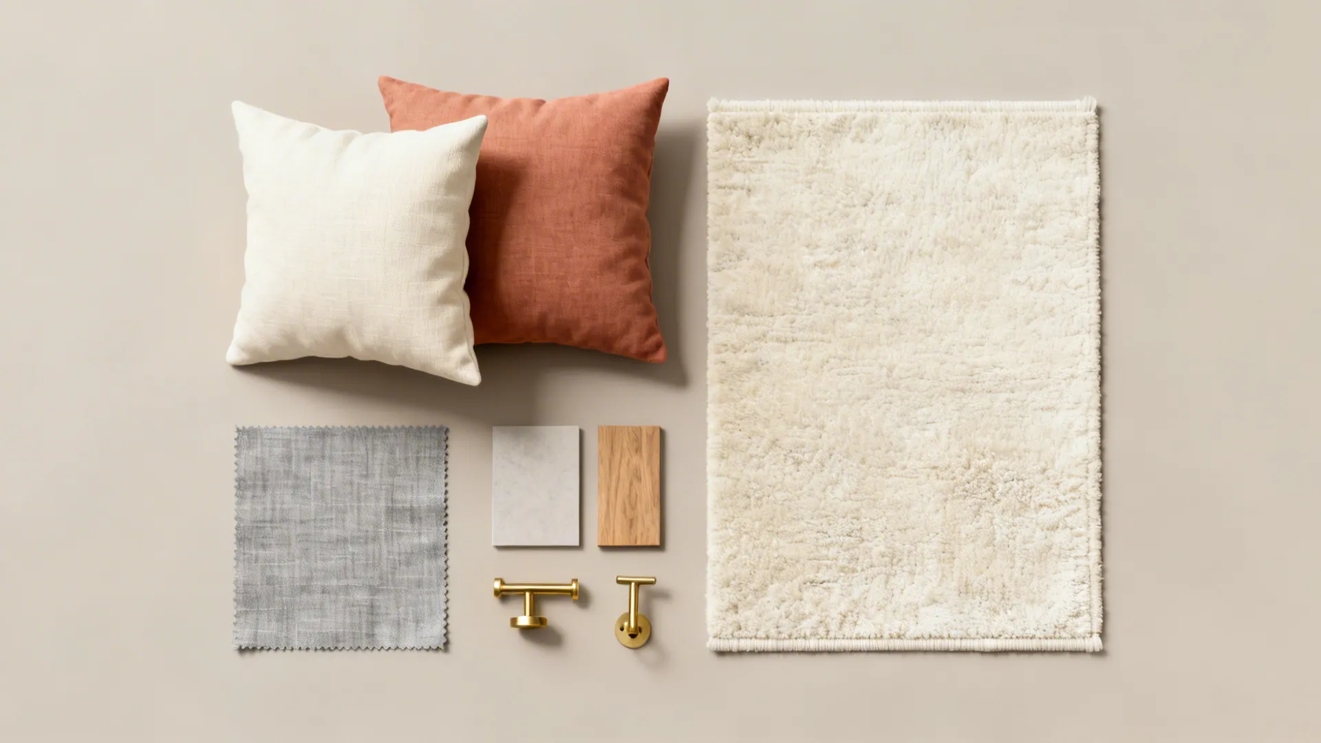 Flatlay of ivory, gray, and terracotta textile samples with wood and brass accents.