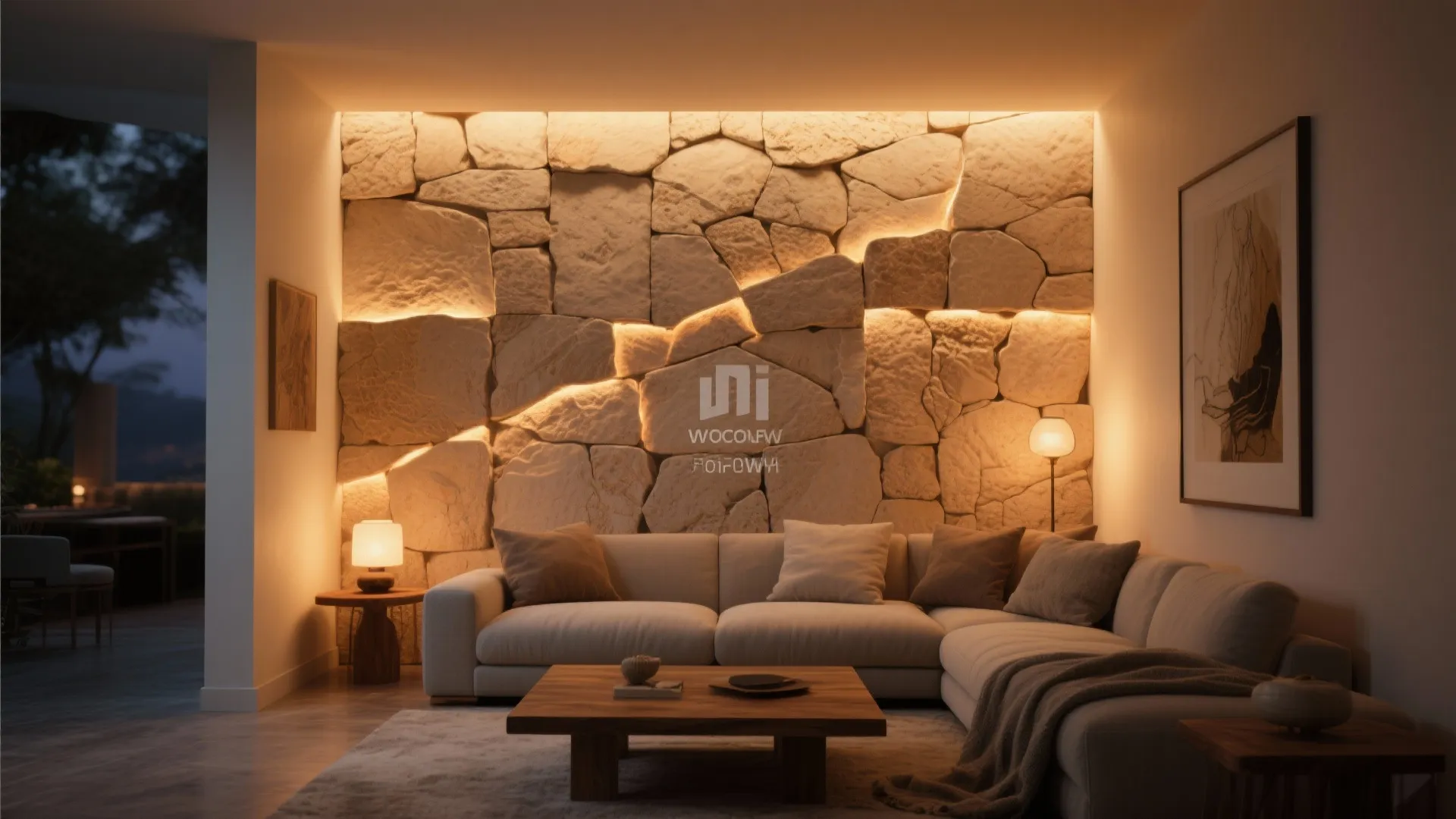 Small living room with split-face Dholpuri sandstone wall softly grazed by warm uplighting for depth.