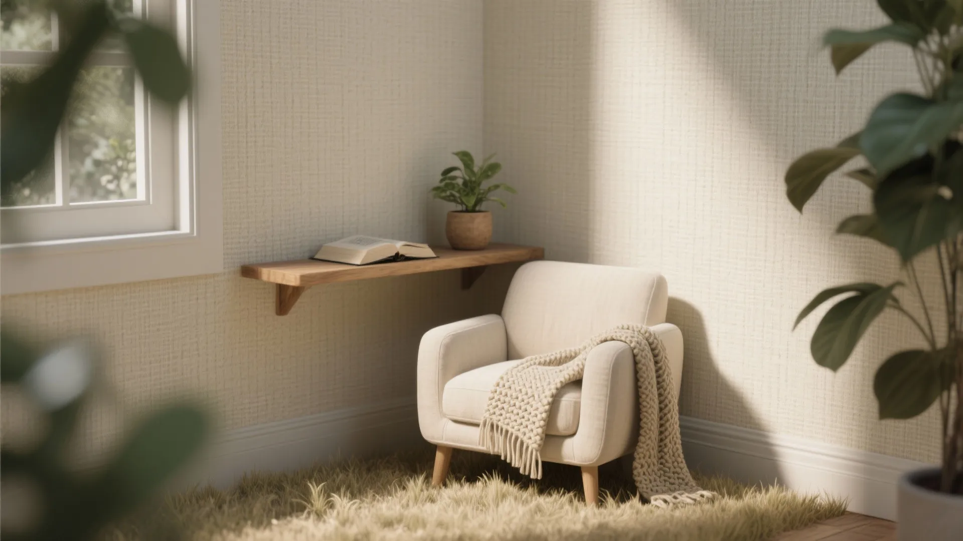 Cozy interior design featuring cream armchair wooden wall shelf open book and potted green plant