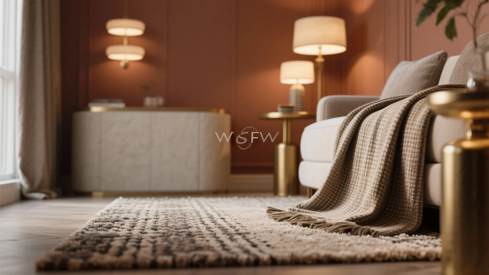 Warm living room with cozy sofa blanket textured rug gold side table and soft lighting