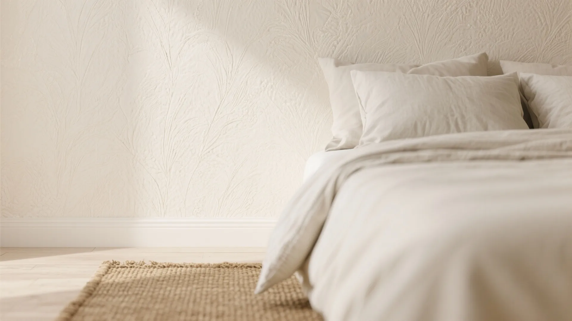 Close up of a cream bed with pillows against a textured beige leaf pattern wall panel