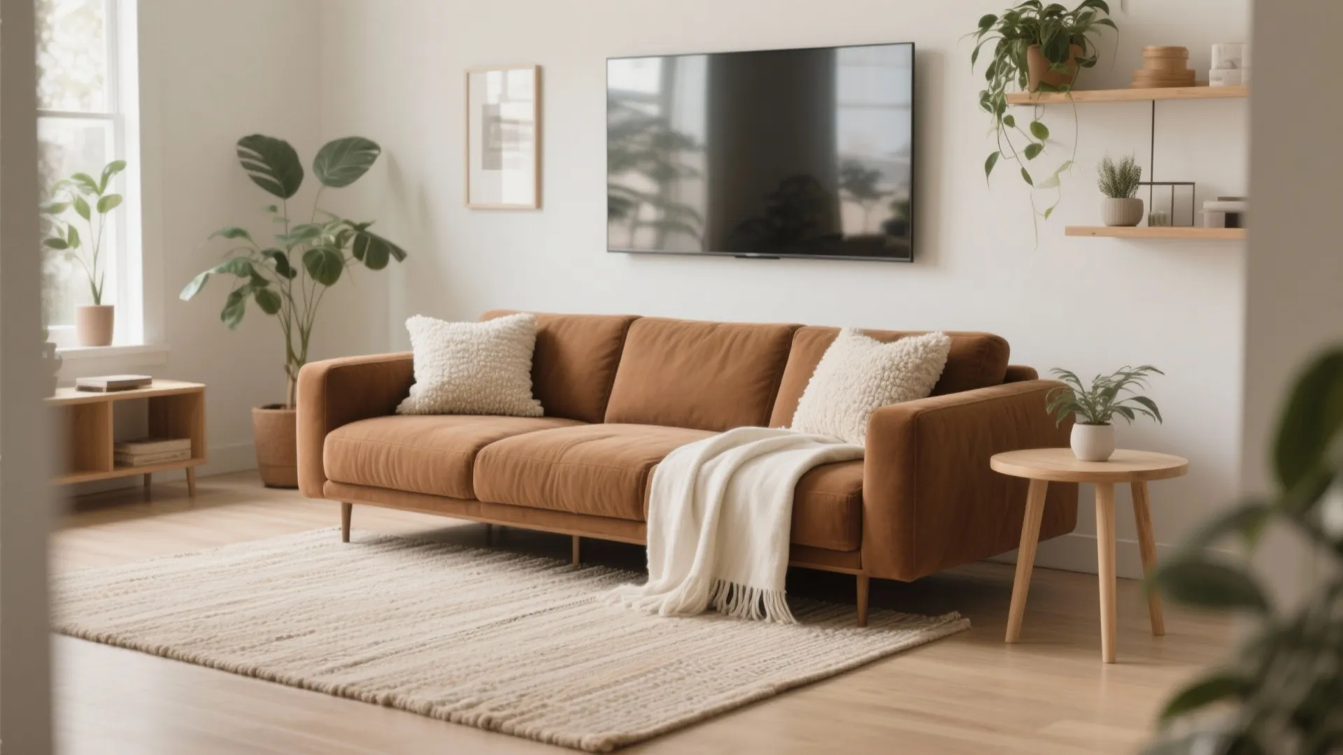 1) Light-and-texture layering around a brown sofa