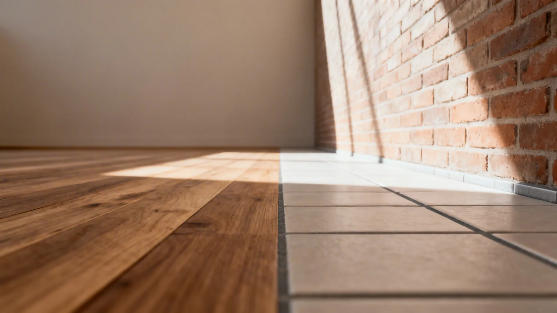 Close-up of floorboards and textures converging with soft directional light for depth.
