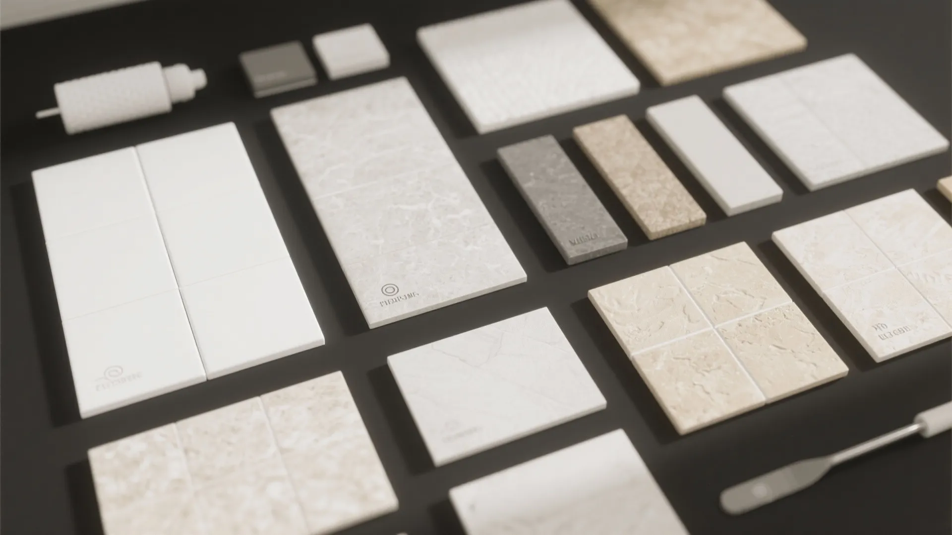 Collection of various stone and ceramic floor tile samples in white beige and grey colors