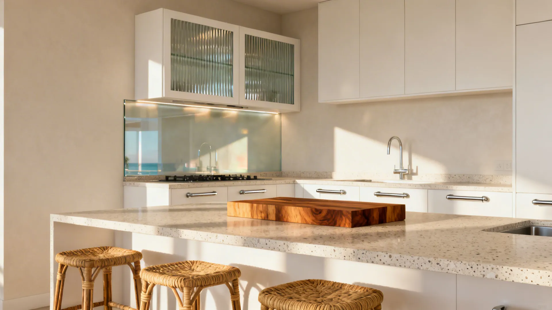 Warm-white galley kitchen with glass backsplash, fluted glass doors, rattan stools, and a kiaat board.