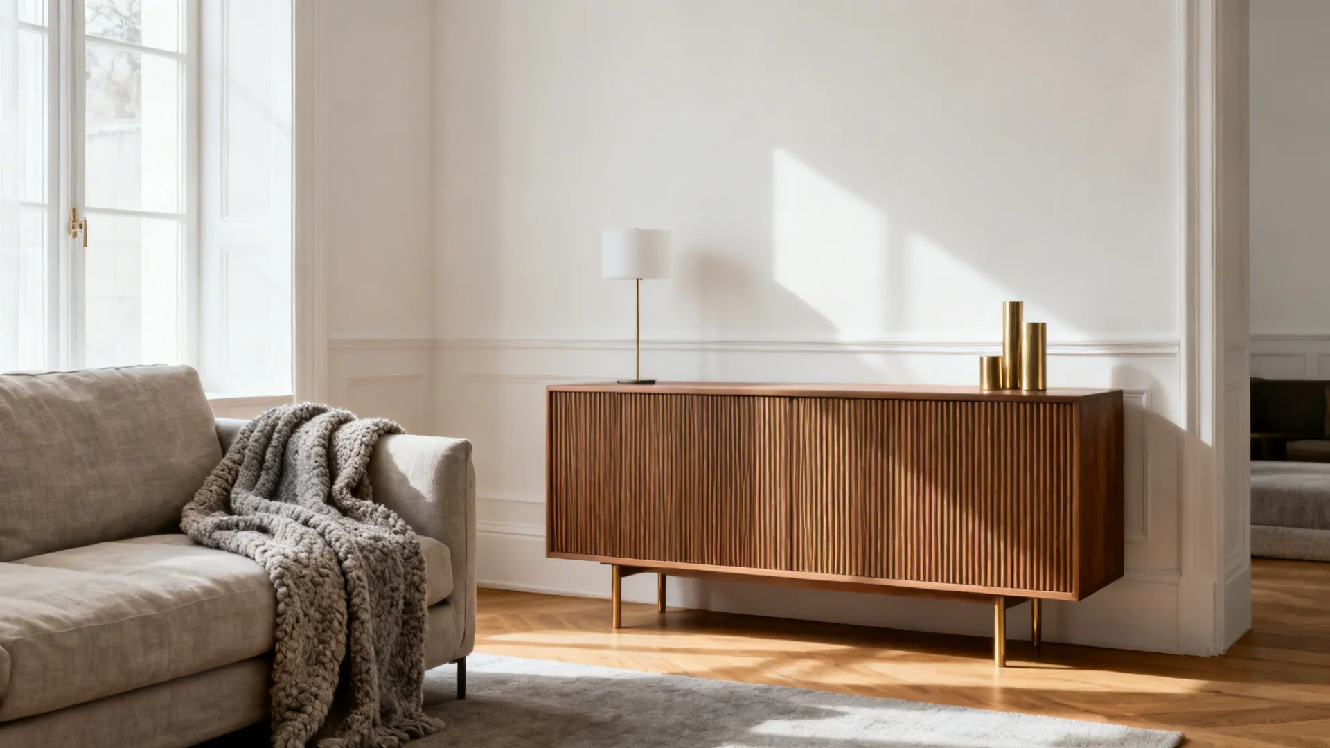 Light off-white small living room with warm oak and layered textures like linen and bouclé.