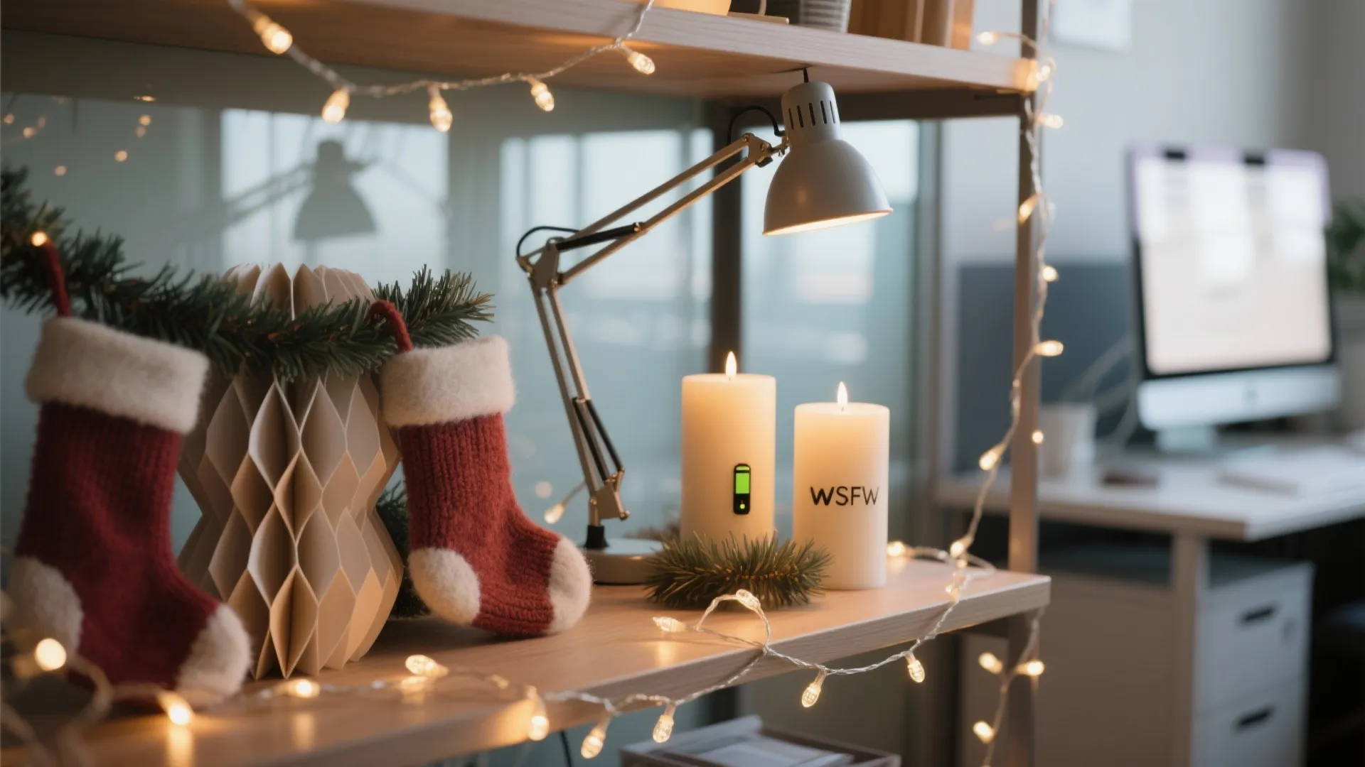 Close up of office desk shelf with lit candles desk lamp stockings and festive lights