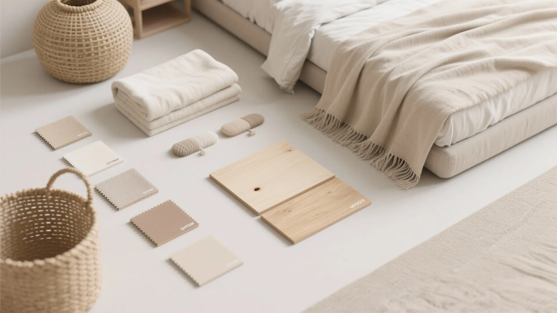 Neutral color palette showing fabric samples wood boards and woven baskets for interior design planning
