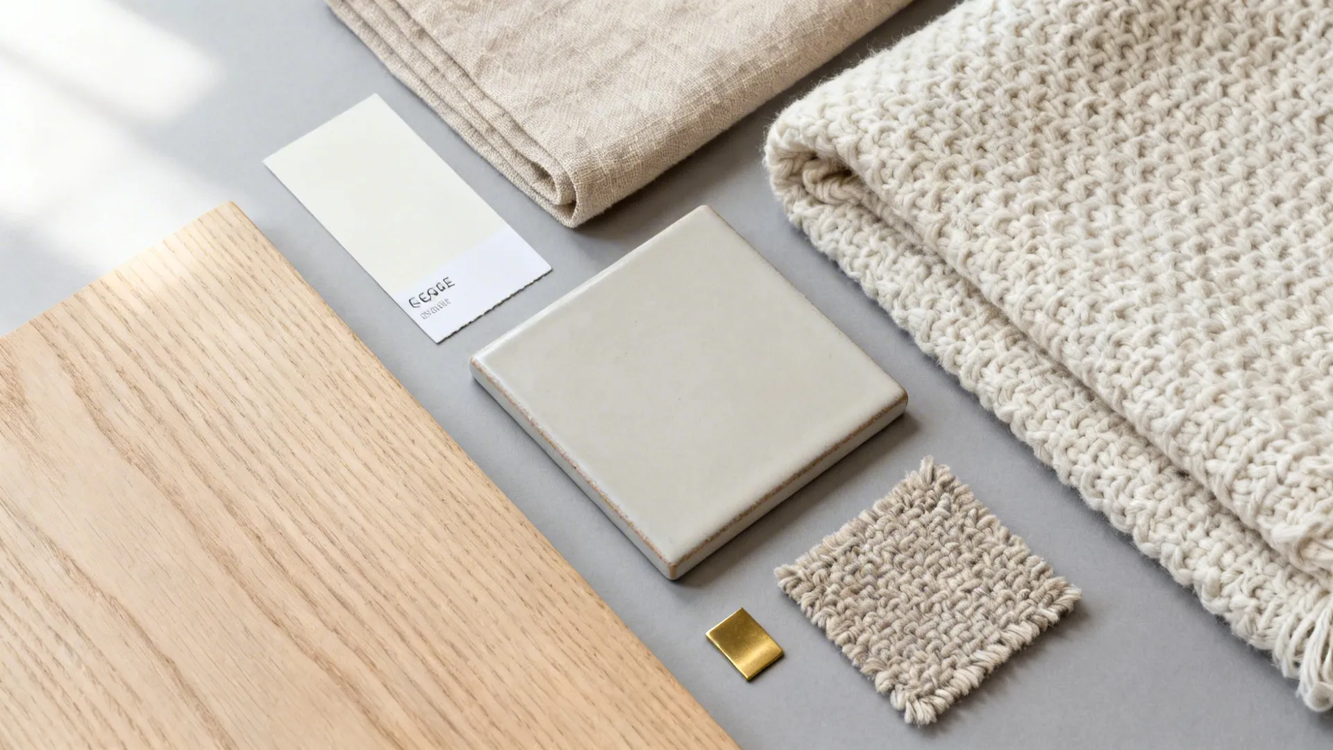 Flatlay of off-white paint, oatmeal linen, boucle, and light oak samples in soft daylight.