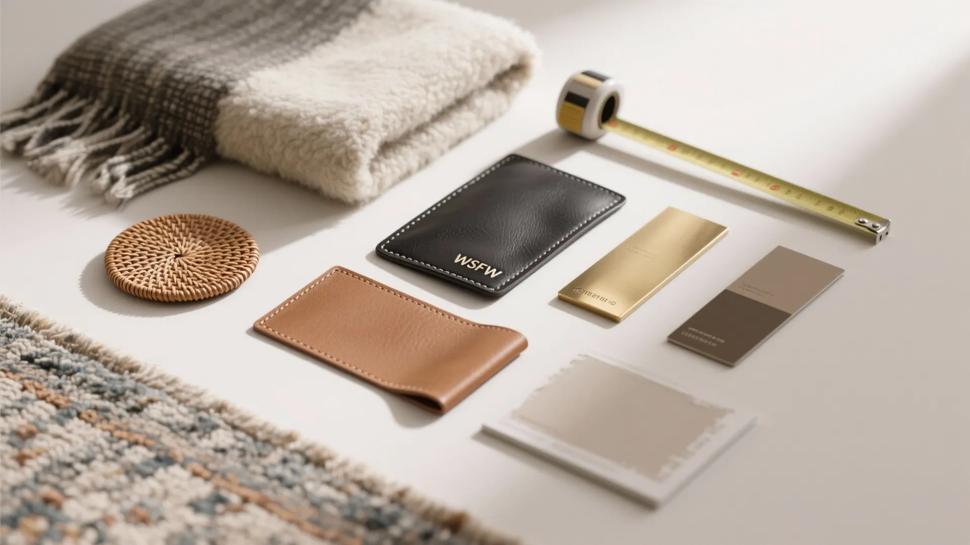 Interior design material samples including leather swatches color cards measuring tape and a woven coaster
