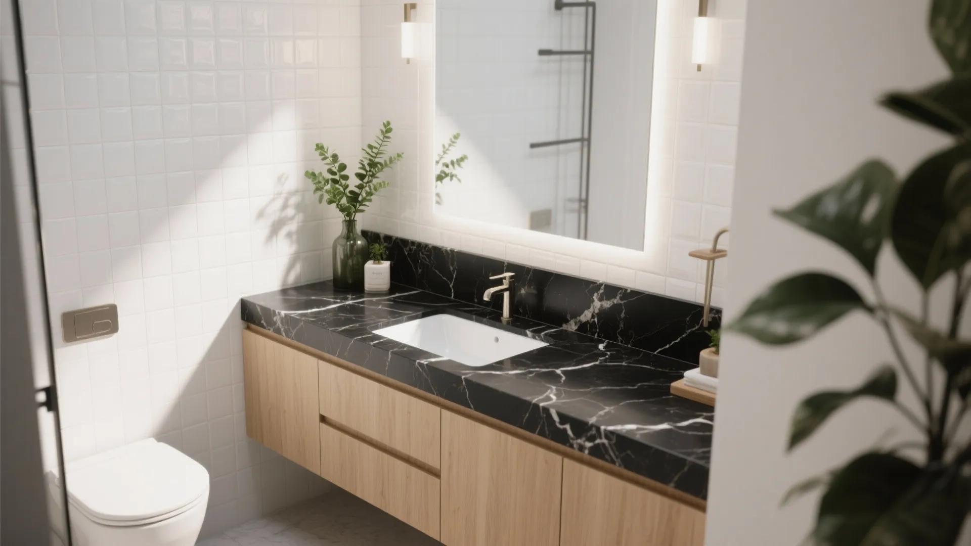 Modern bathroom with black marble counter wooden cabinet white wall tiles lighted mirror and green plants