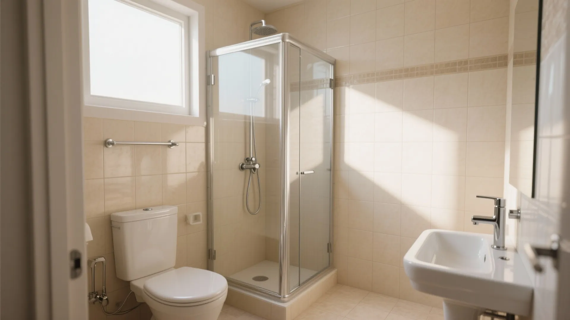 Small bathroom design with light tiles glass shower enclosure white toilet and wall mounted sink