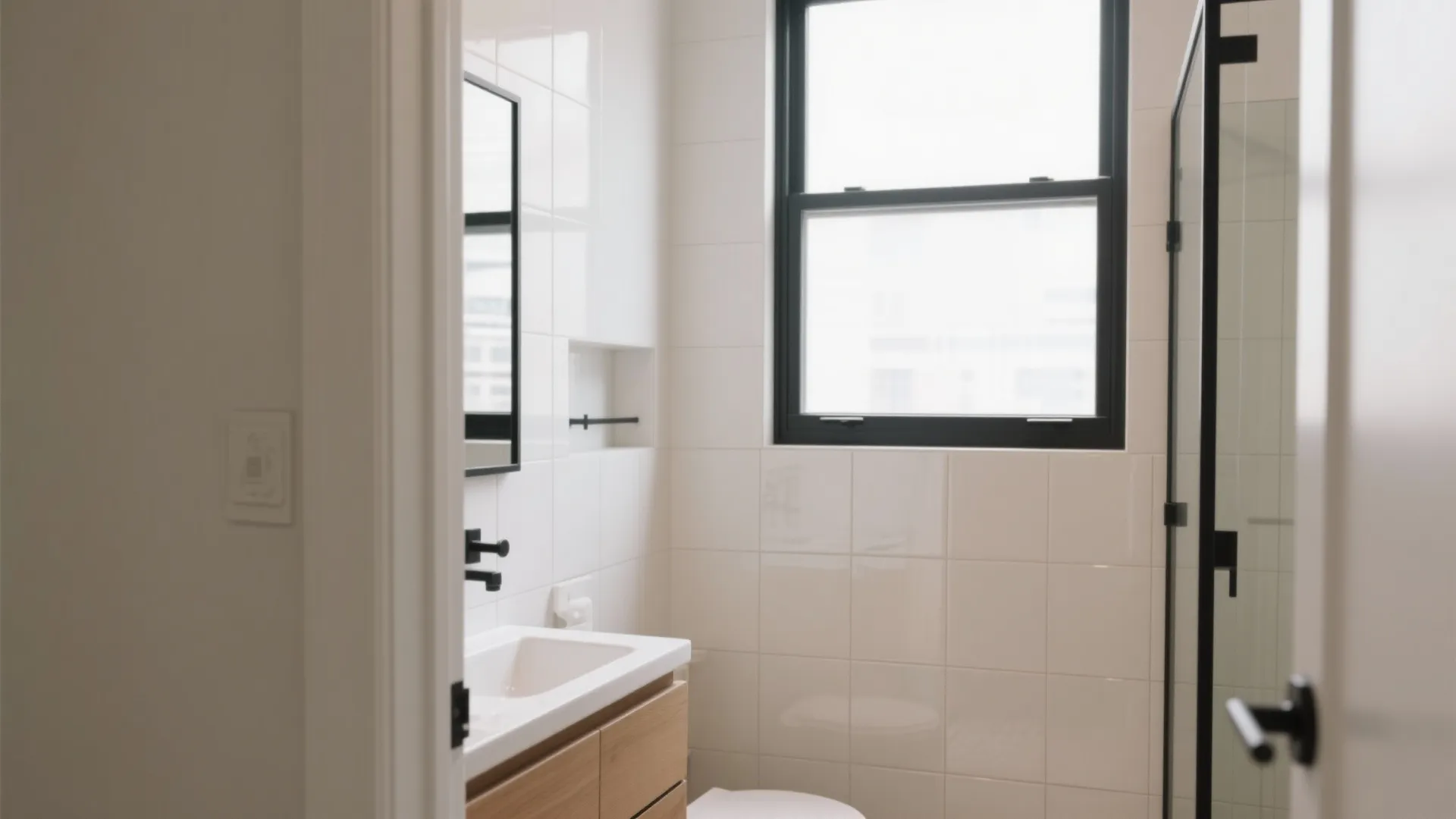 Small bathroom with white square wall tiles and wooden cabinet sink next to a black window