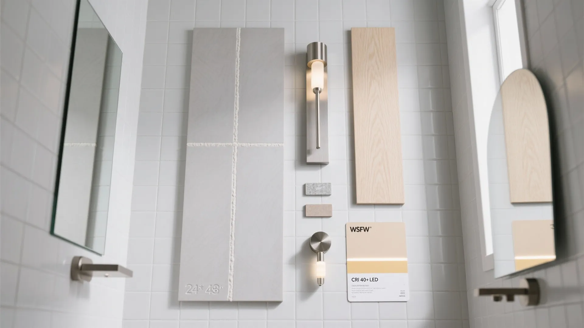 Mood board showing light grey tiles wood panels wall light fixtures and color samples for bathroom