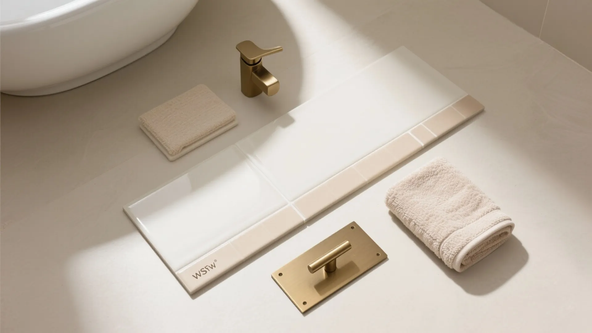 Bathroom flat lay with gold faucet white wall tiles small beige towels and gold handle