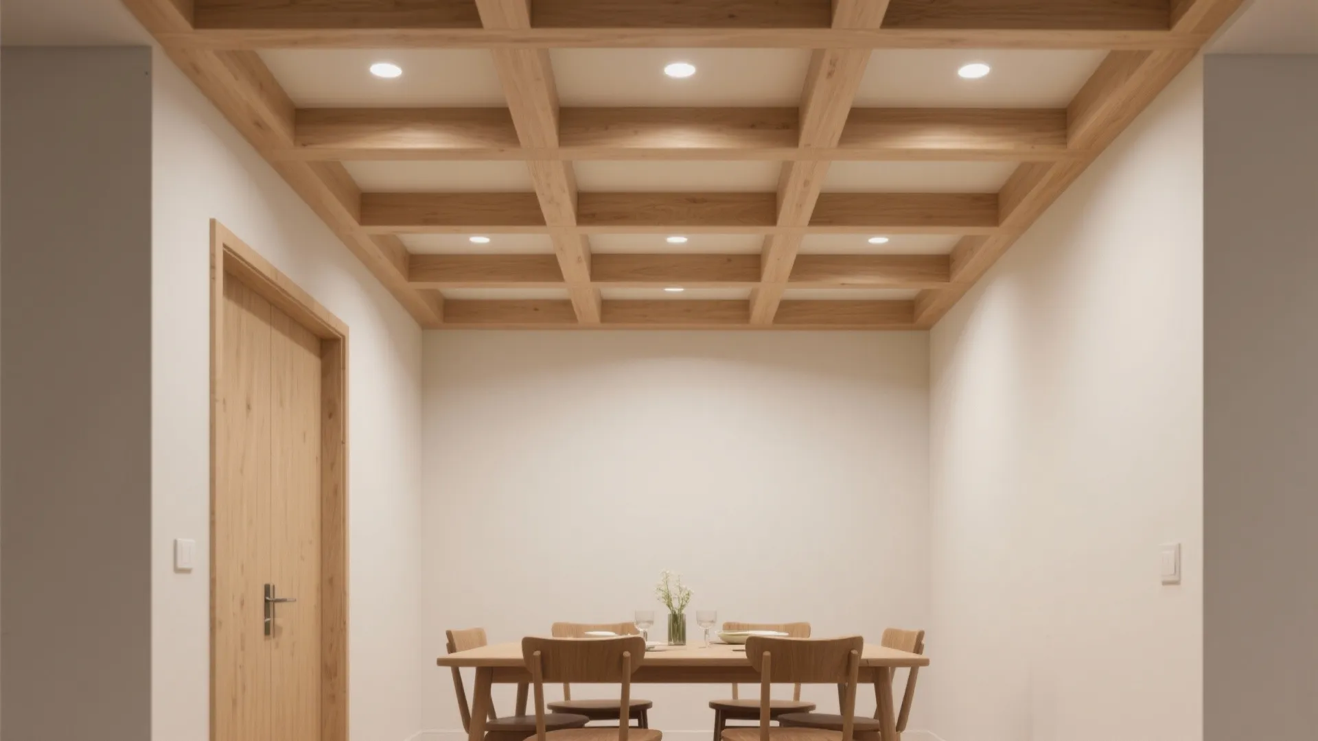 Modern dining room with wooden table chairs and a unique wood grid pattern on ceiling