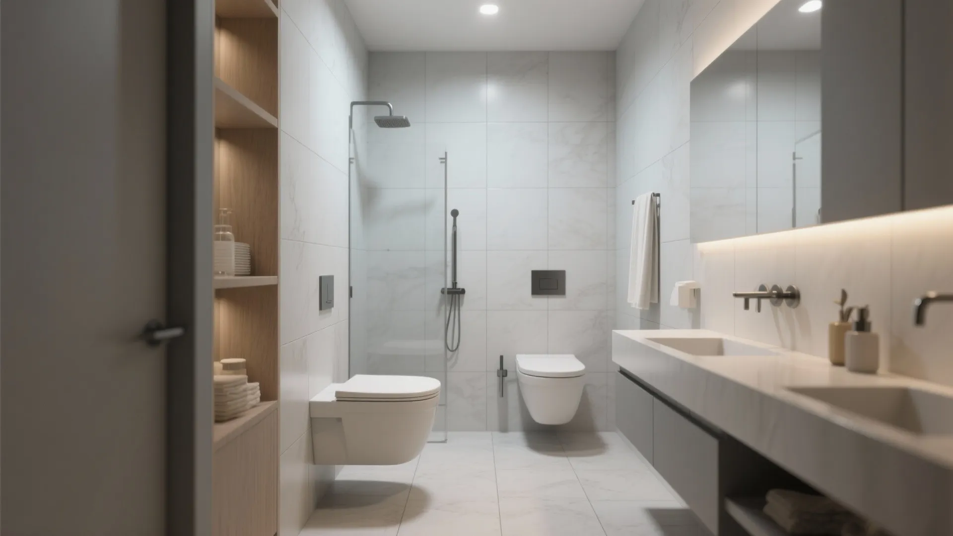 Light-toned tiled bathroom creating a spacious look