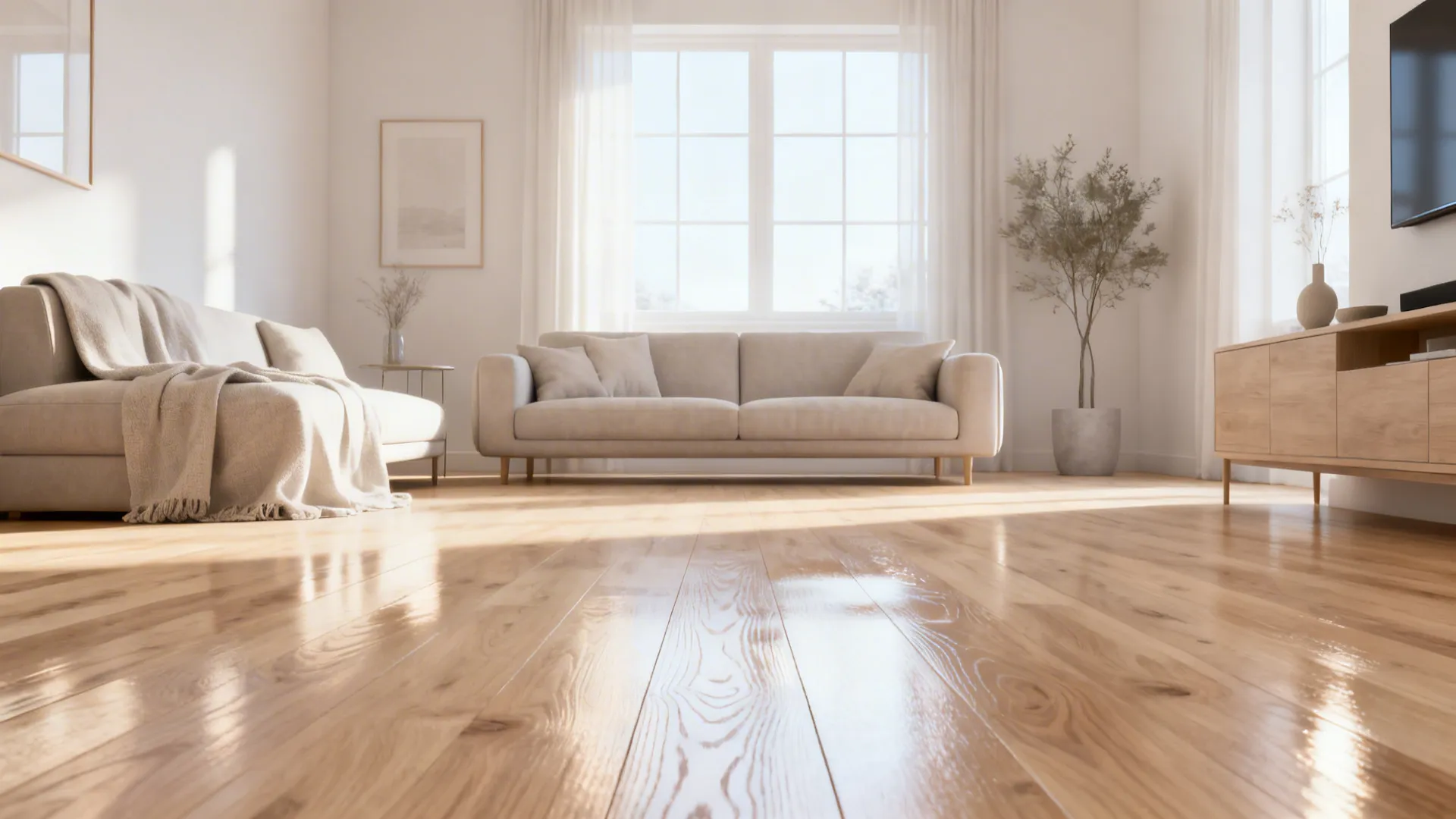 Bright north-facing room with light ash wood floors and Scandinavian furnishings.