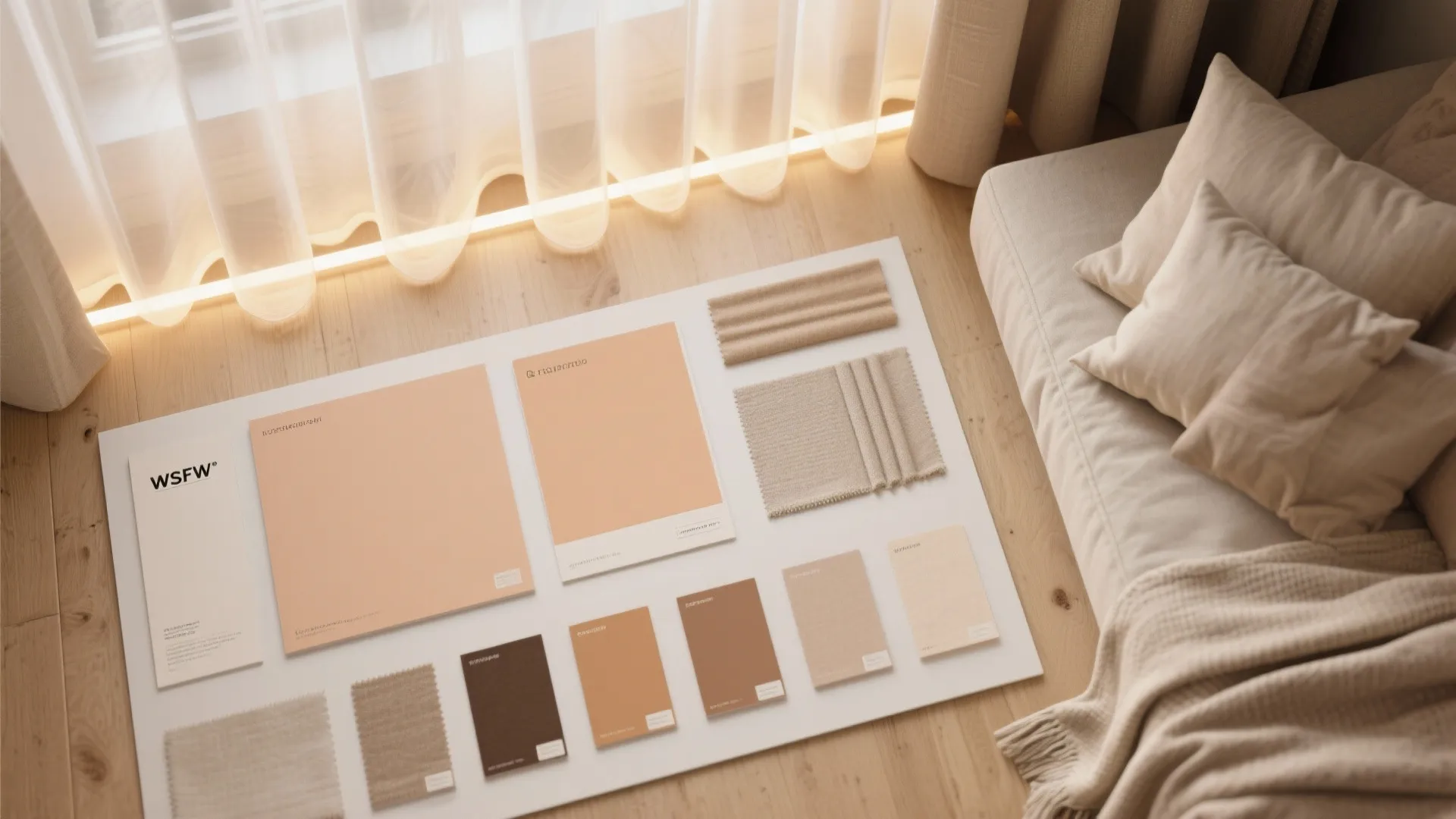 Flatlay of pale paint swatches and textile samples with LED strip showing light tone and layered lighting ideas.