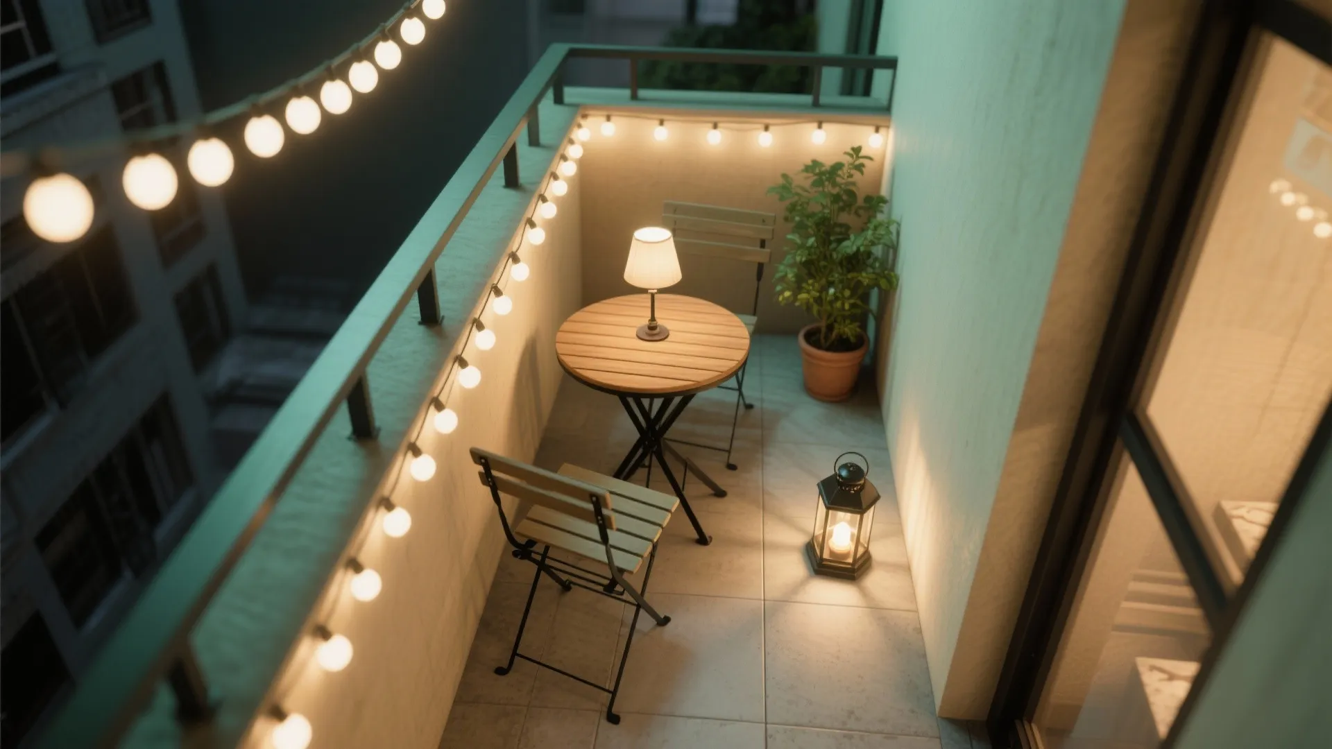 Cozy balcony at night with string lights small round wooden table two chairs and lantern
