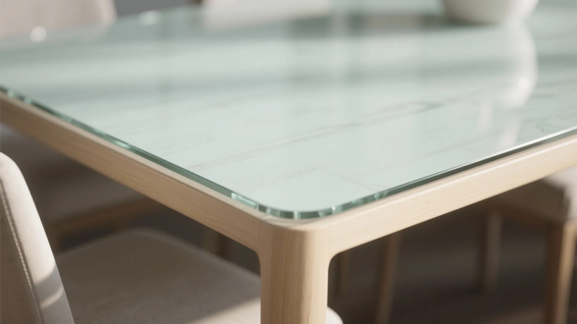 Detail of a tempered glass and pale wood round table top showing smooth finish and reflections