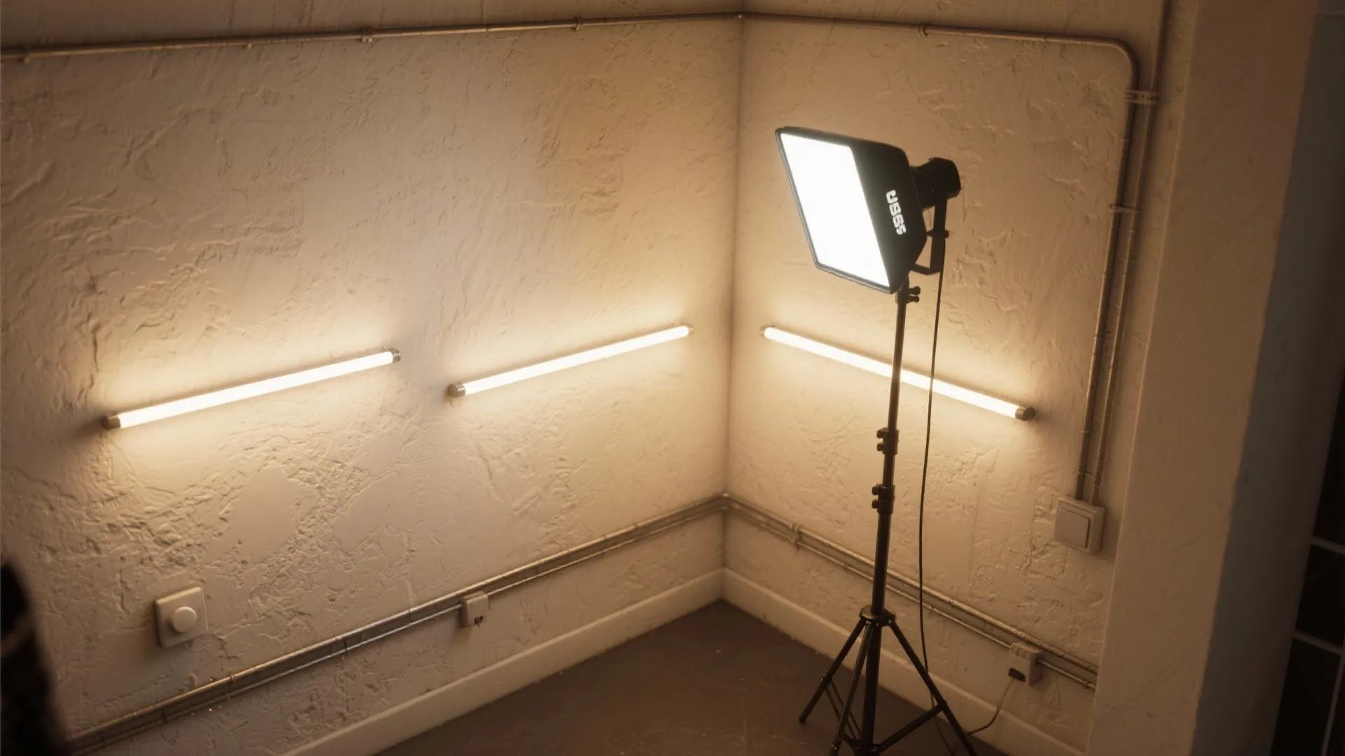 Industrial studio corner with white textured walls horizontal light tubes and a large light fixture