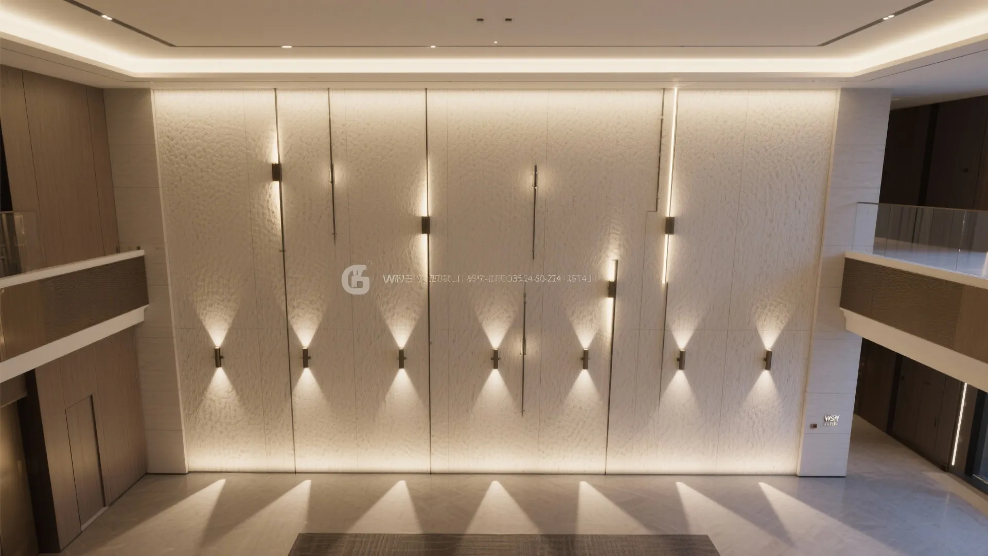 Large textured feature wall with many warm wall lights in a modern interior design drawing