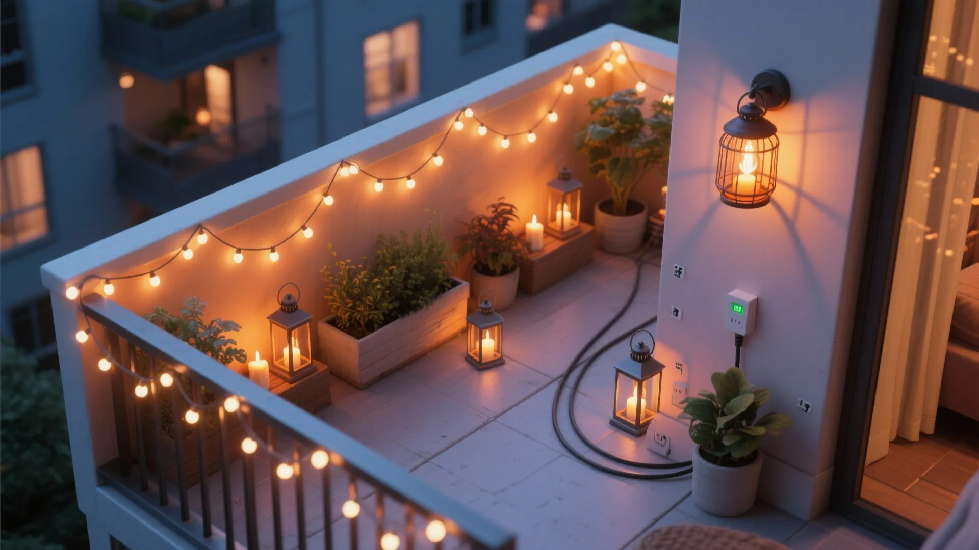 Small balcony at night decorated with string lights lanterns potted plants and a wall light