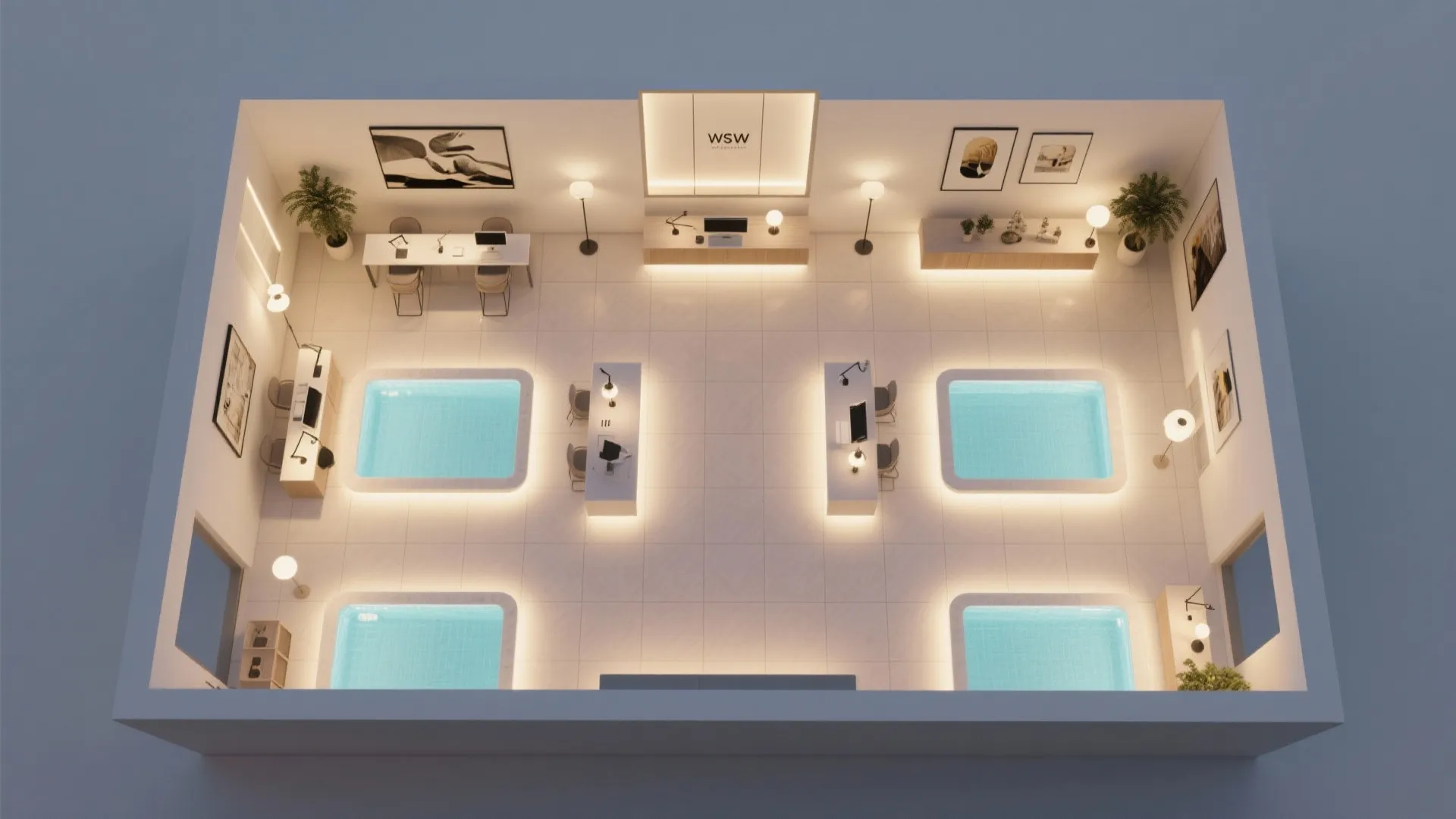 Top down interior design drawing showing office room layout with desks chairs and small pools