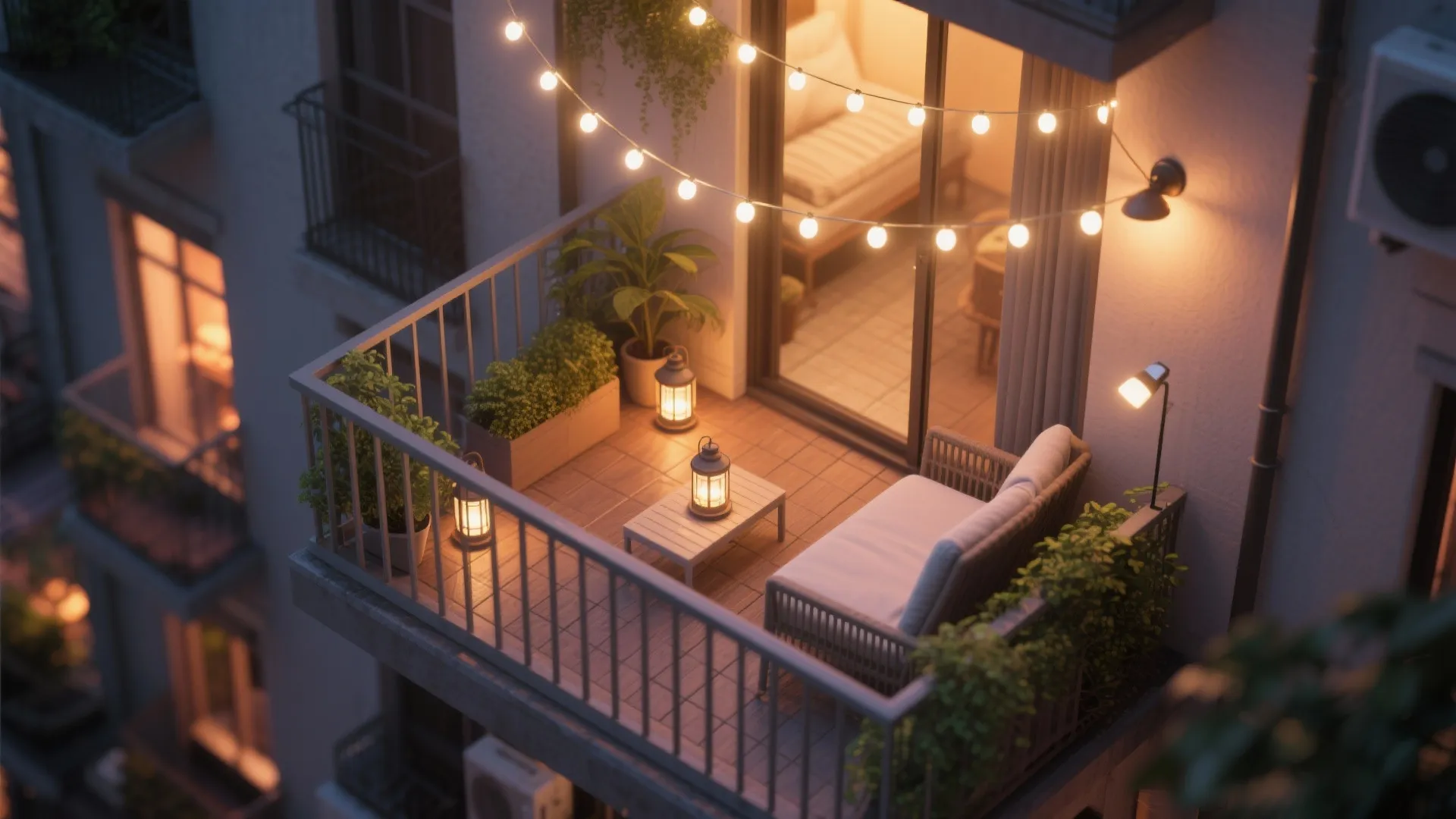 Cozy night balcony view featuring string lights small sofa lanterns potted plants and white table