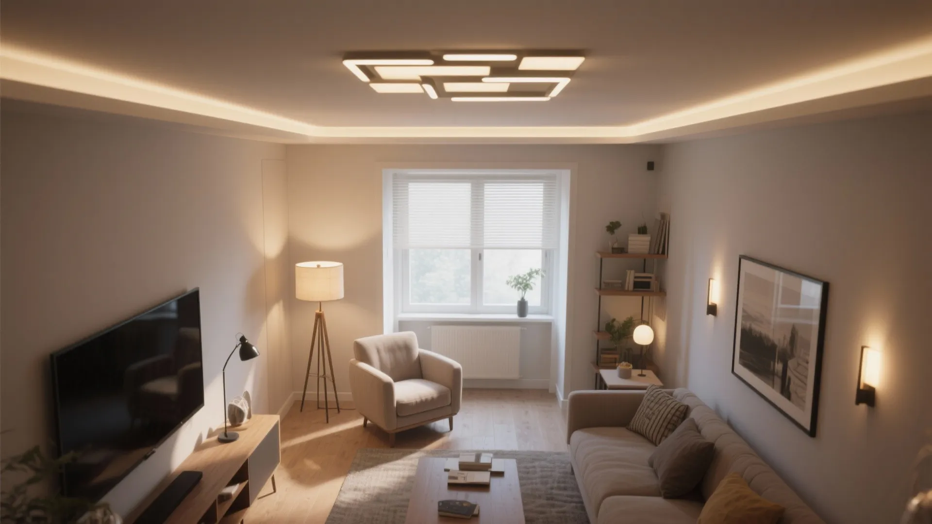 Top view of a living room with ceiling light wall light beige sofa and wooden floor