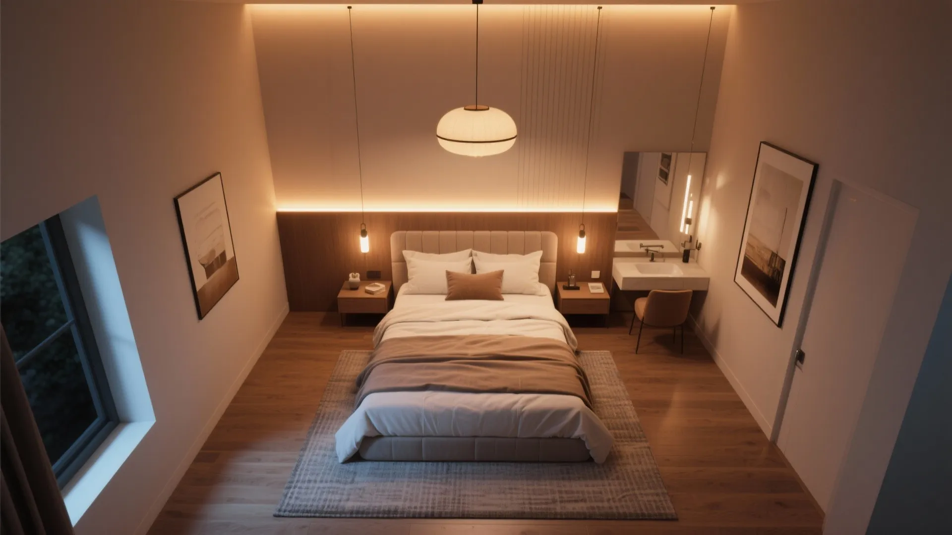Modern bedroom from top view with large bed wooden wall panel ceiling light and workspace
