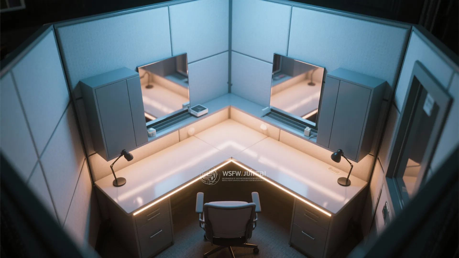 Modern office cubicle with L-shaped desk, grey chair, cabinets, table lamps, and warm integrated lighting