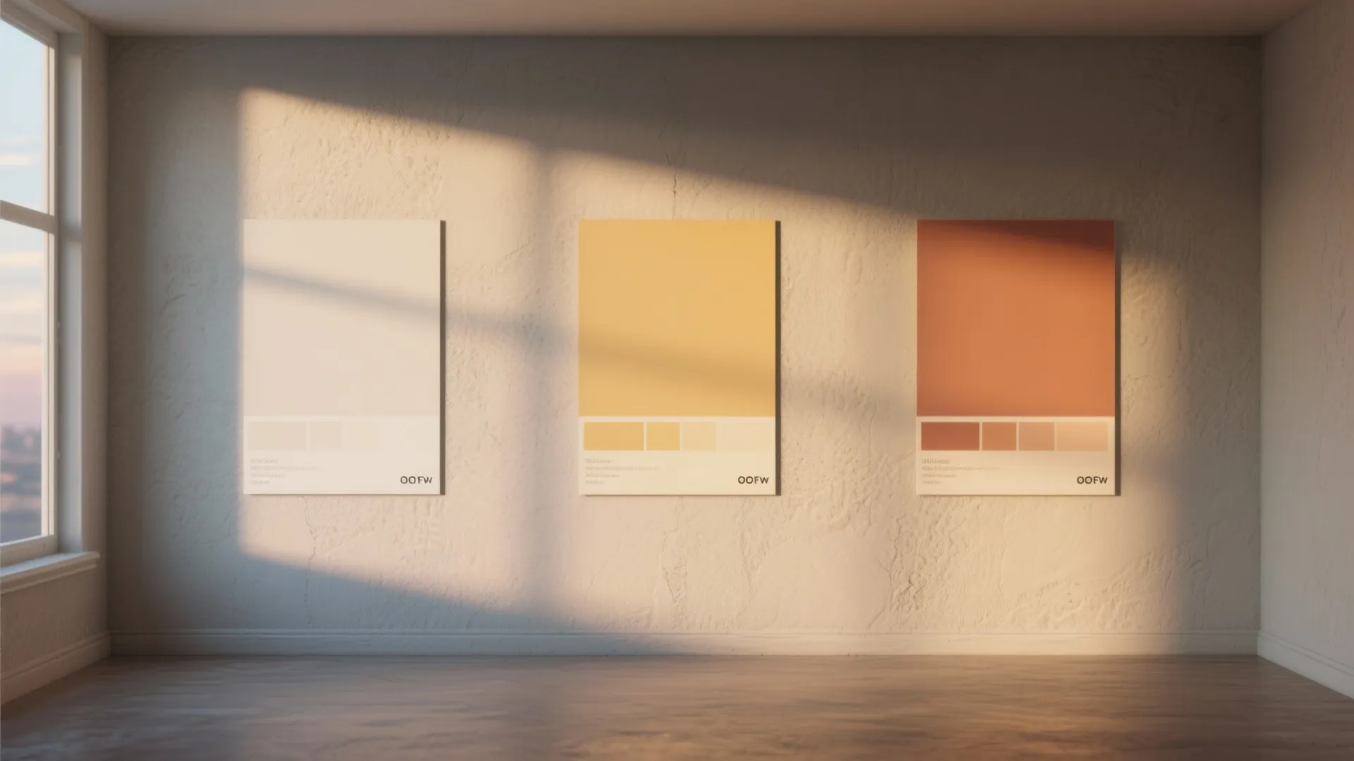 Three color palettes hanging on a wall showing beige yellow and orange shades with sunlight
