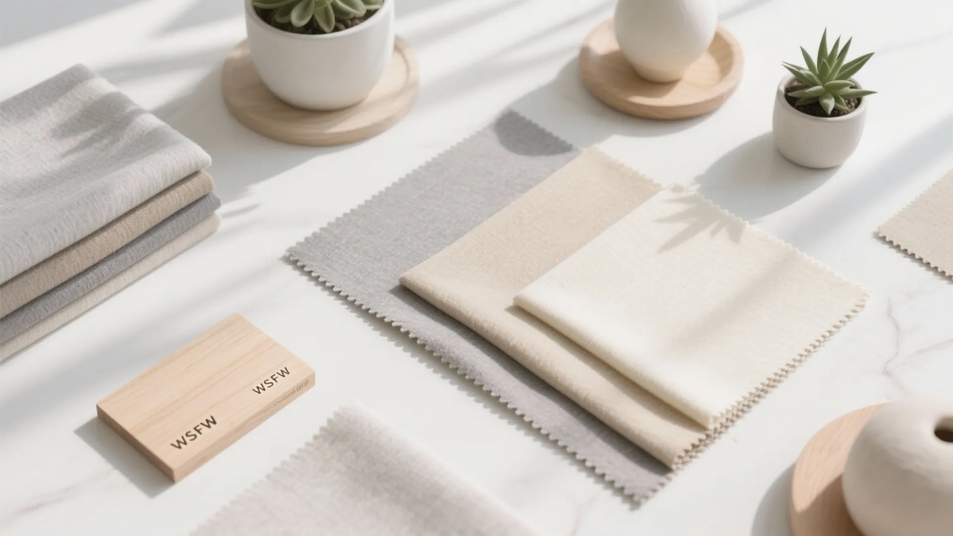 Grey and beige fabric material samples on a white table with small green potted plants