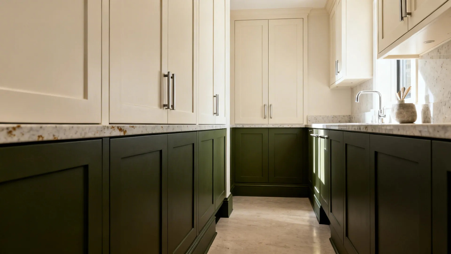 High–low contrast: light uppers, dark base cabinets