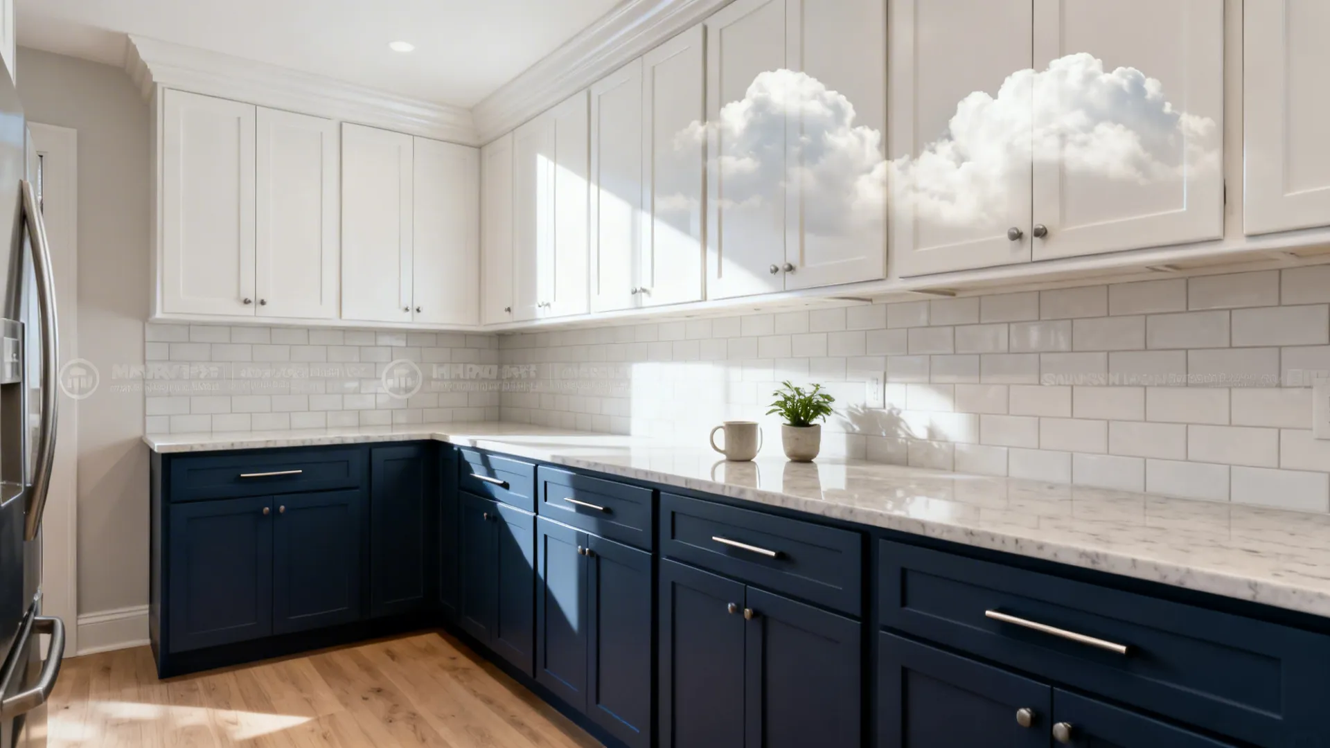Modern kitchen with white upper cabinets and navy blue lower cabinets with marble countertop and floor