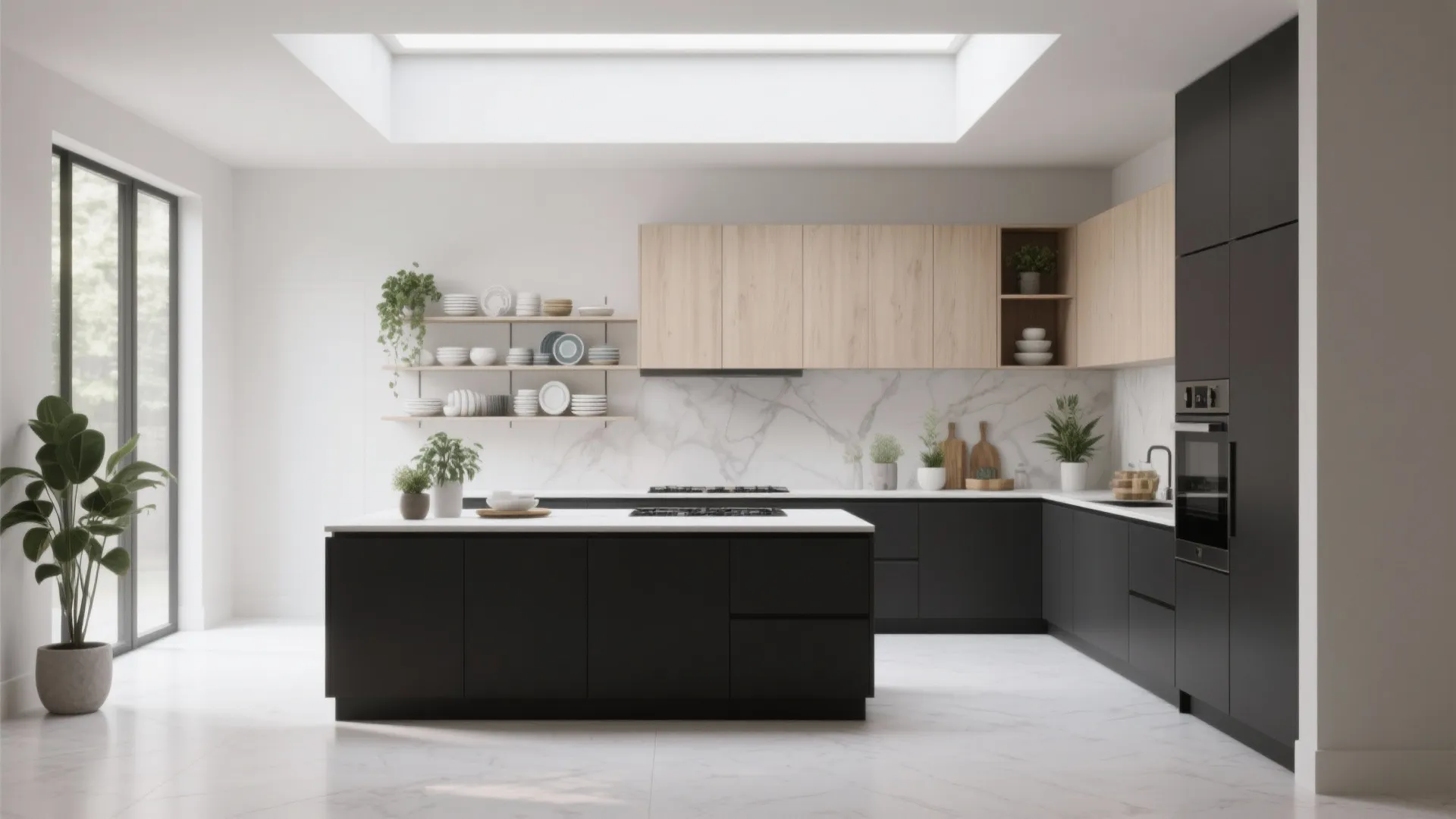 Modern black kitchen with island wooden upper cabinets open wall shelves and large roof window
