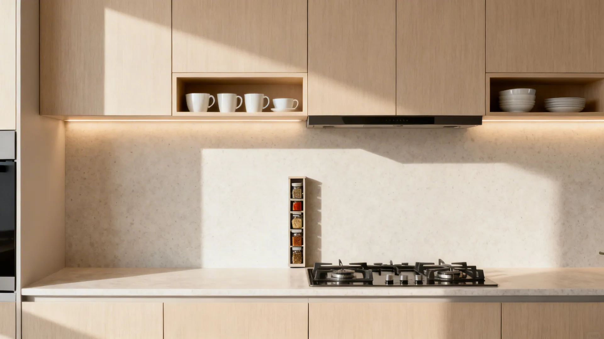 Light upper cabinets with open niches and a slim spice pull-out near the hob
