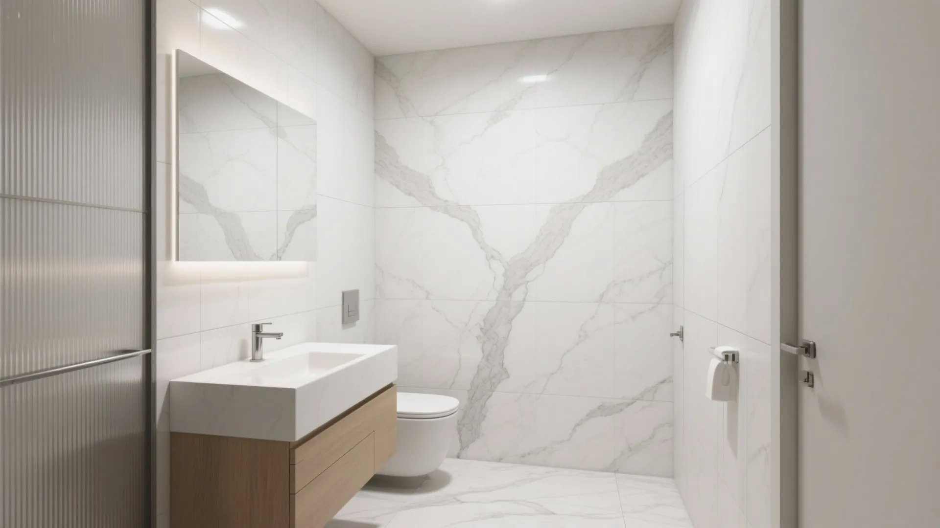 2) Light-veined marble texture to visually expand tight rooms