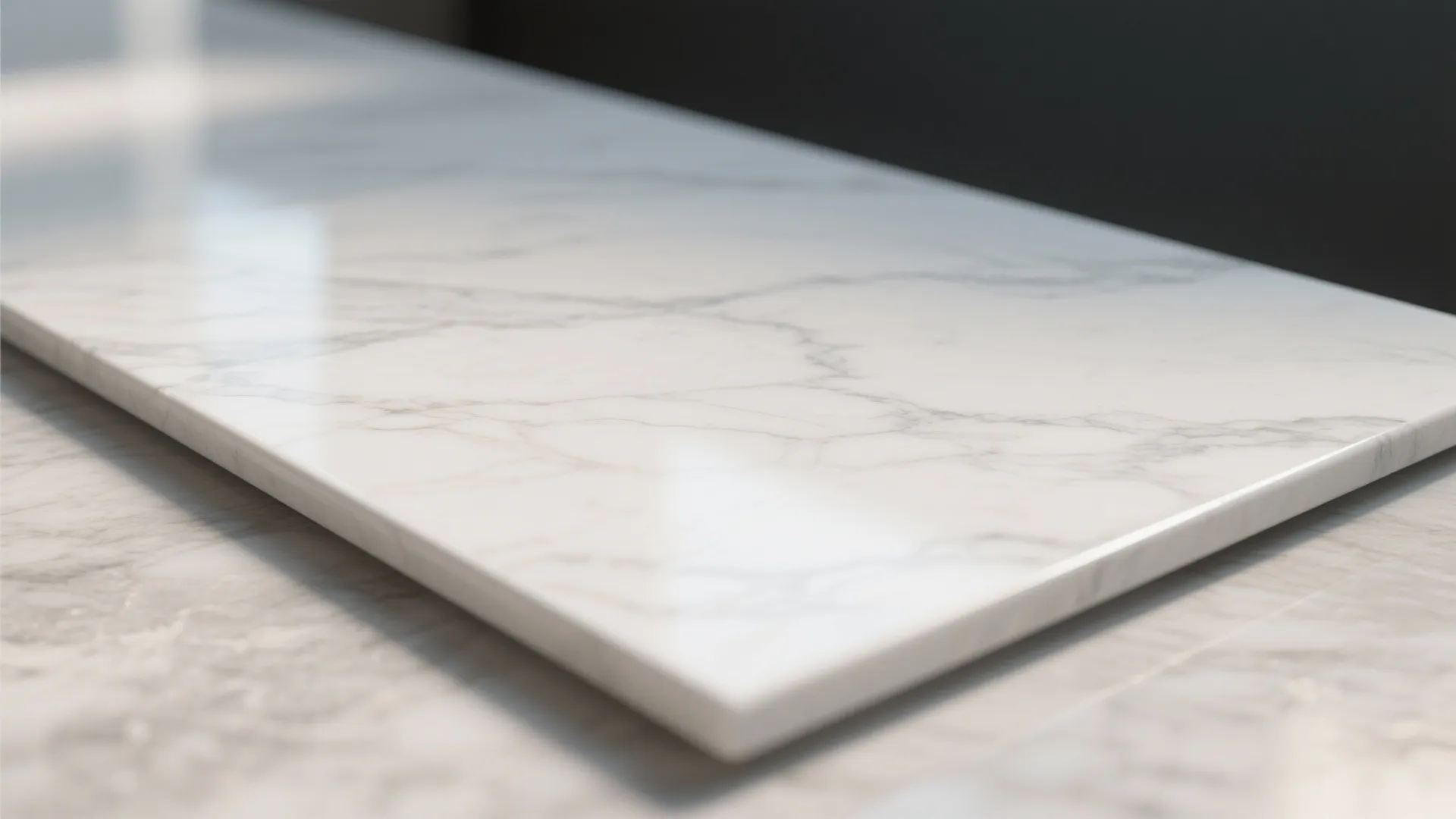 Close up view of white marble stone floor tile with grey veins and shiny surface