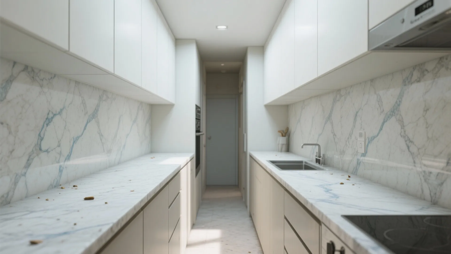 1. Light veined granite to open a narrow kitchen