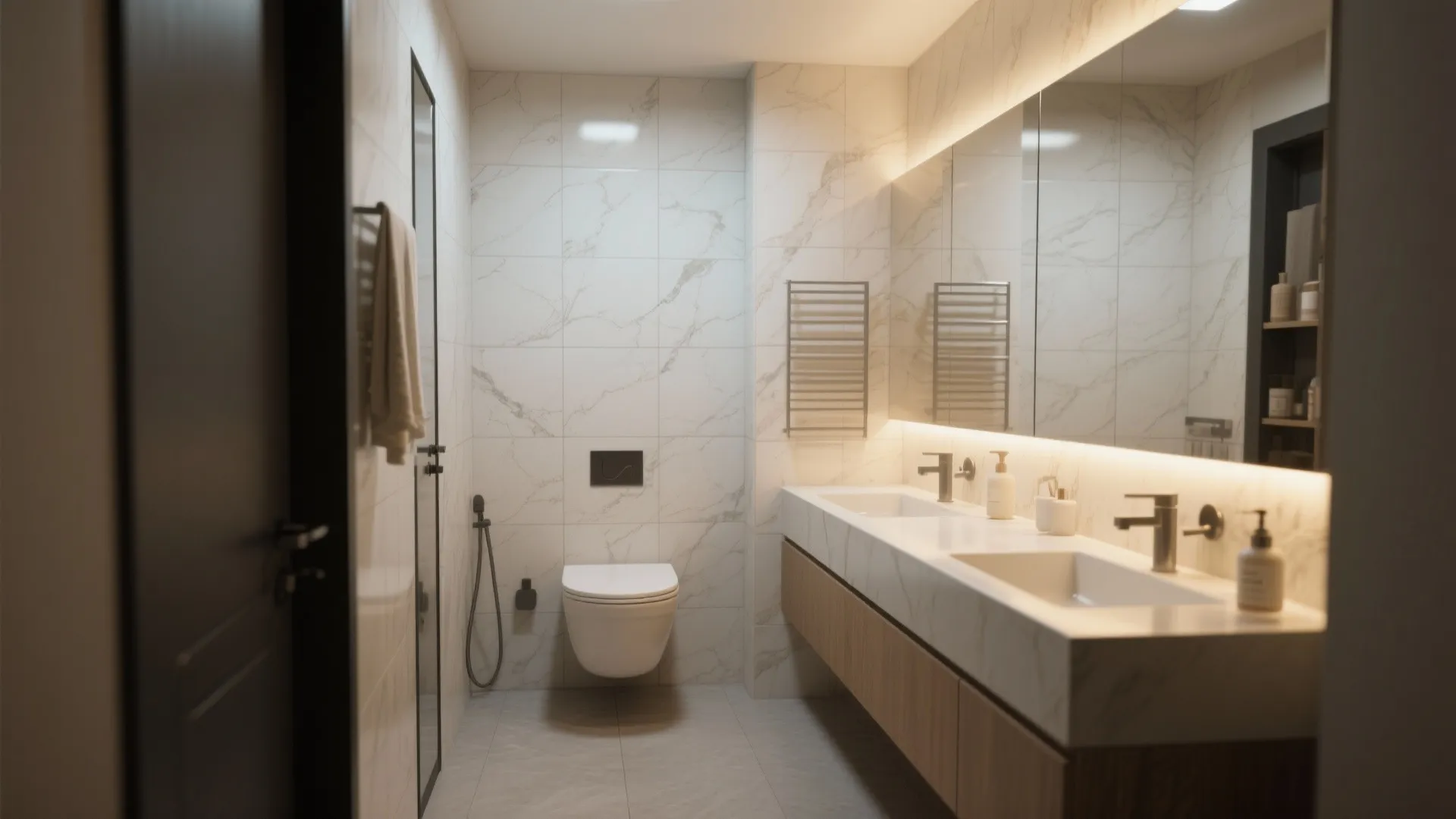 Modern bathroom interior featuring marble wall tiles a white toilet and a large lit vanity mirror