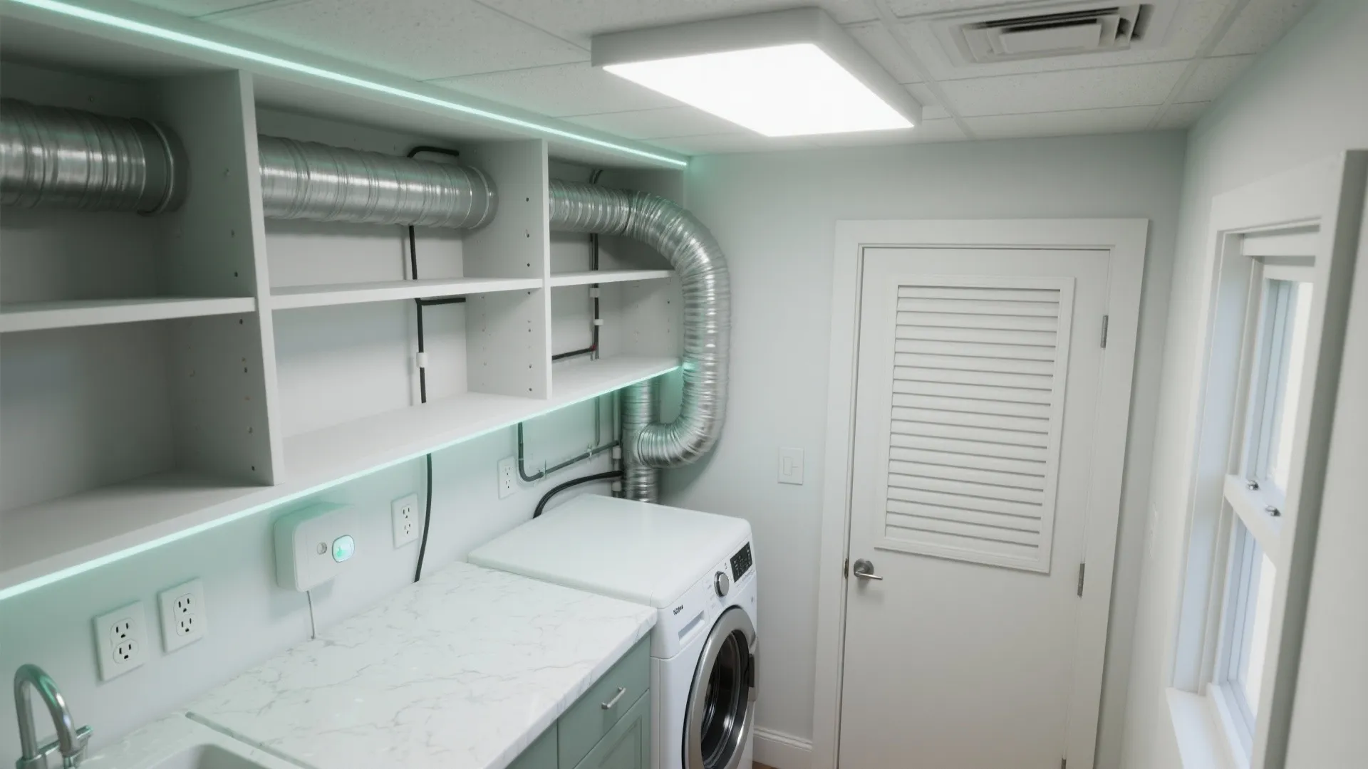 Laundry room with white washing machine green cabinet marble countertop open shelves and ceiling light fixture