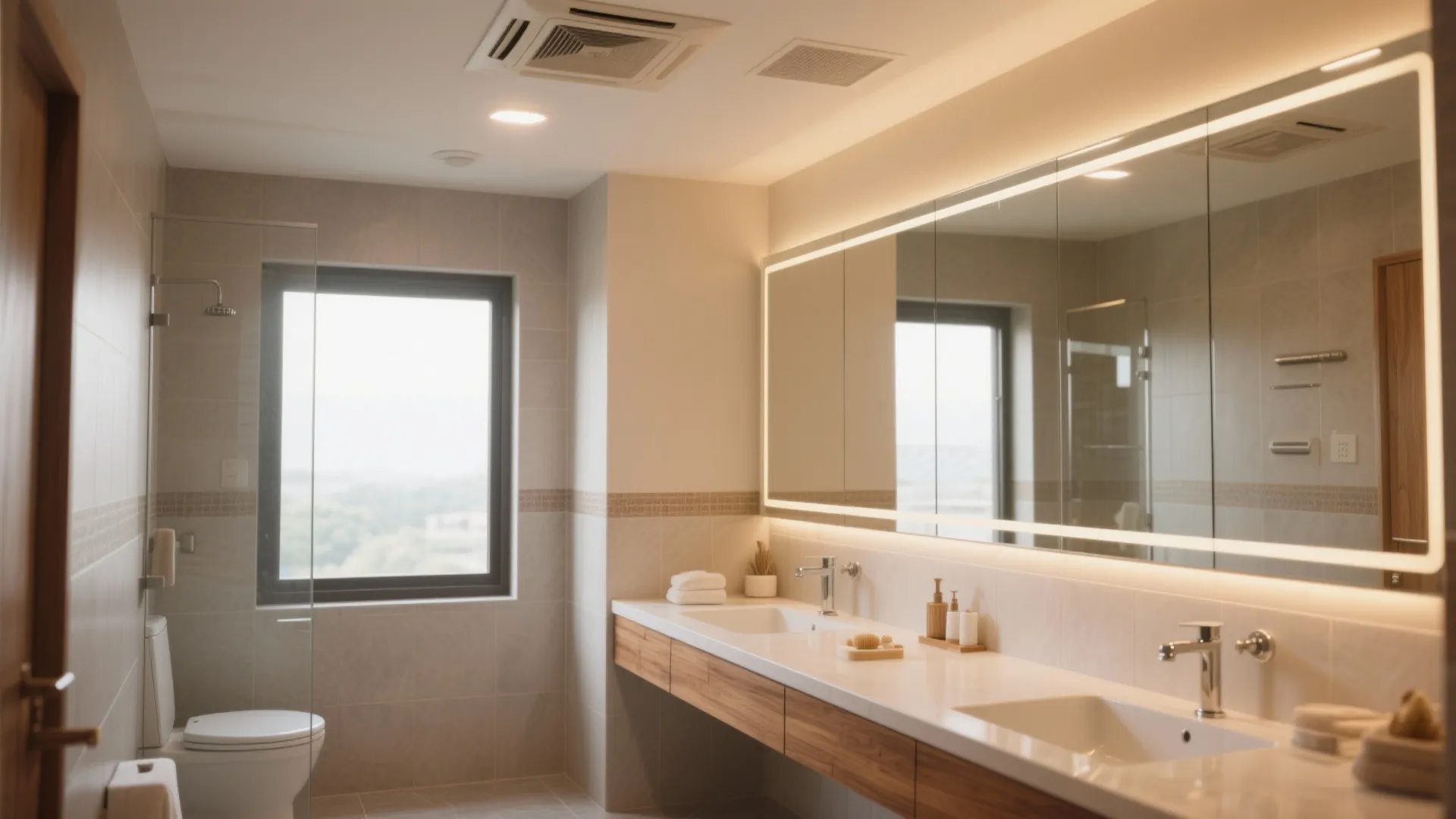 Bright bathroom with long lit mirror, double sinks, wooden cabinets, a window, and white toilet