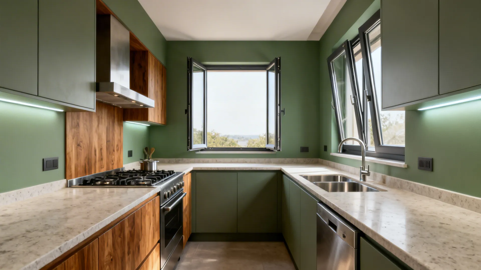 Kitchen with balanced daylight, ducted hood, warm woods near the stove and cooler tones near the sink.