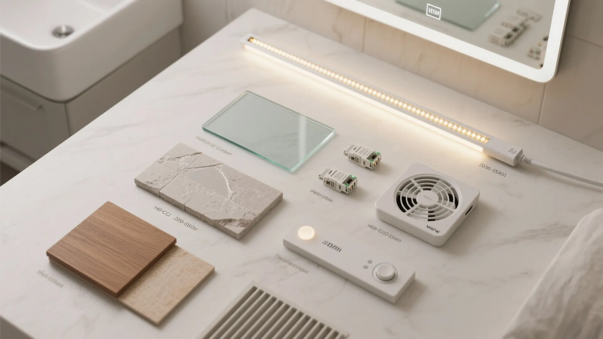Interior design materials on marble surface including wood samples stone tiles glass and light fixture