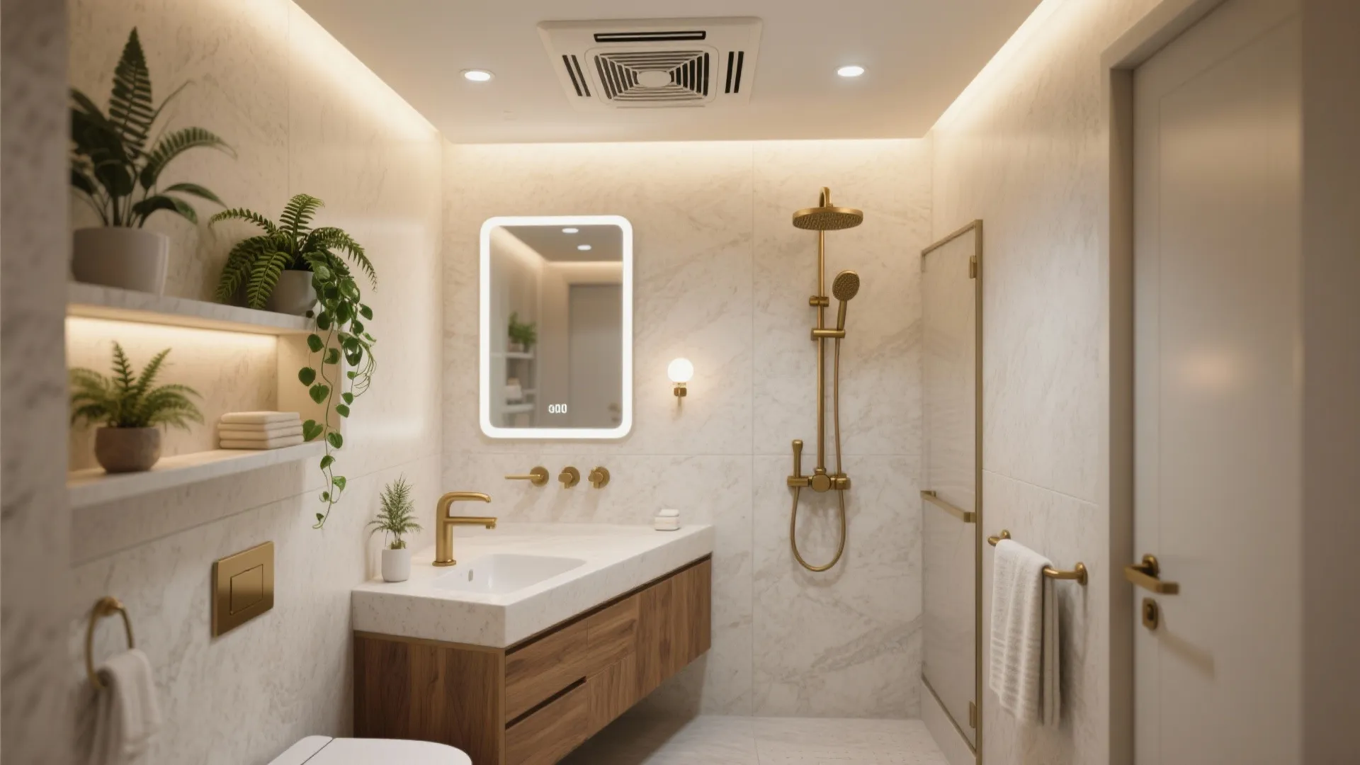 Warm bathroom design with gold shower set lighted mirror wood cabinet green plants and ceiling vent