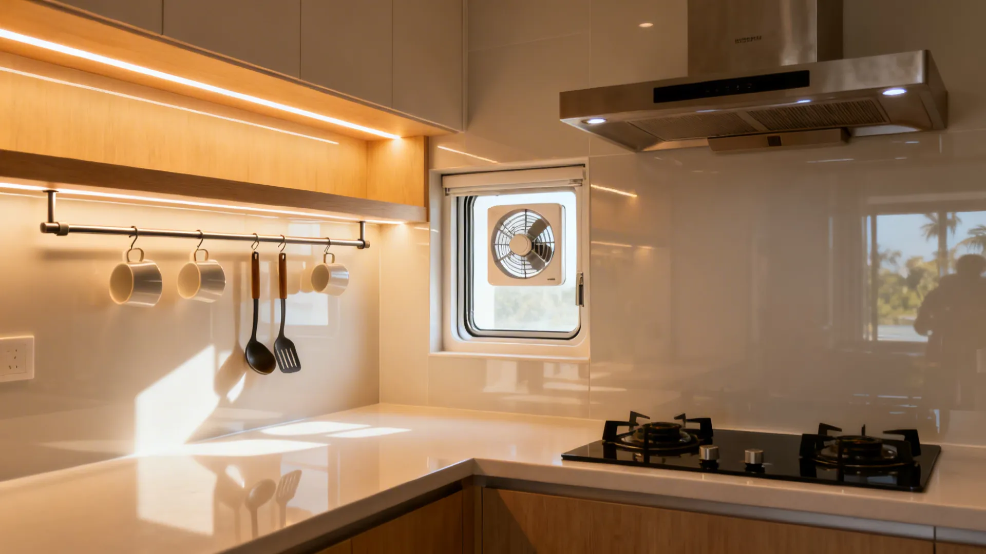 Kitchen countertop with gas stove exhaust fan in window hanging cups and warm under cabinet lighting